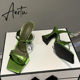 High Quality Green Patent Leather Strange Heels Slippers Sexy Street Woman Square Toe Dress Party Shoes Summer Sandals Aiertu