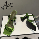 High Quality Green Patent Leather Strange Heels Slippers Sexy Street Woman Square Toe Dress Party Shoes Summer Sandals Aiertu