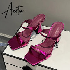 High Quality Green Patent Leather Strange Heels Slippers Sexy Street Woman Square Toe Dress Party Shoes Summer Sandals Aiertu