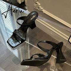 High Quality Green Patent Leather Strange Heels Slippers Sexy Street Woman Square Toe Dress Party Shoes Summer Sandals Aiertu