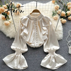 High Quality Satin Loose Shirt Long Flared Sleeves Ruffles O Neck Beading Women Gentle Office Lady Casual Blouse Aiertu