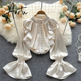 High Quality Satin Loose Shirt Long Flared Sleeves Ruffles O Neck Beading Women Gentle Office Lady Casual Blouse Aiertu