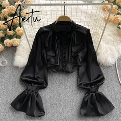High Quality Satin Loose Shirt Long Flared Sleeves Ruffles O Neck Beading Women Gentle Office Lady Casual Blouse Aiertu