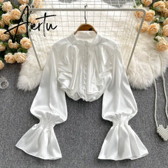 High Quality Satin Loose Shirt Long Flared Sleeves Ruffles O Neck Beading Women Gentle Office Lady Casual Blouse Aiertu