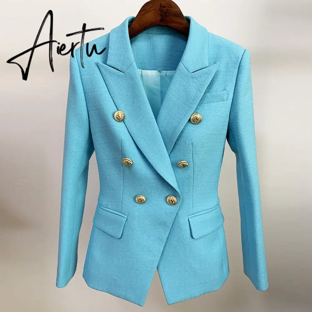 High Street Newest Runway Designer Blazer Women's Classic Lion Buttons Double Breasted Slim Fitting Textured Blazer Jacket Aiertu