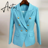 High Street Newest Runway Designer Blazer Women's Classic Lion Buttons Double Breasted Slim Fitting Textured Blazer Jacket Aiertu