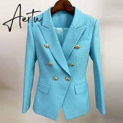 High Street Newest Runway Designer Blazer Women's Classic Lion Buttons Double Breasted Slim Fitting Textured Blazer Jacket Aiertu
