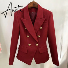 High Street Newest Runway Designer Blazer Women's Classic Lion Buttons Double Breasted Slim Fitting Textured Blazer Jacket Aiertu