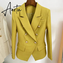 High Street Newest Runway Designer Blazer Women's Classic Lion Buttons Double Breasted Slim Fitting Textured Blazer Jacket Aiertu
