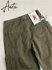 High Street Retro Pocket Cargo Pants Women Army Green Loose High Waist Sweatpants American Casual Y2K Woman Pants Autumn Aiertu