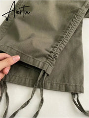 High Street Retro Pocket Cargo Pants Women Army Green Loose High Waist Sweatpants American Casual Y2K Woman Pants Autumn Aiertu