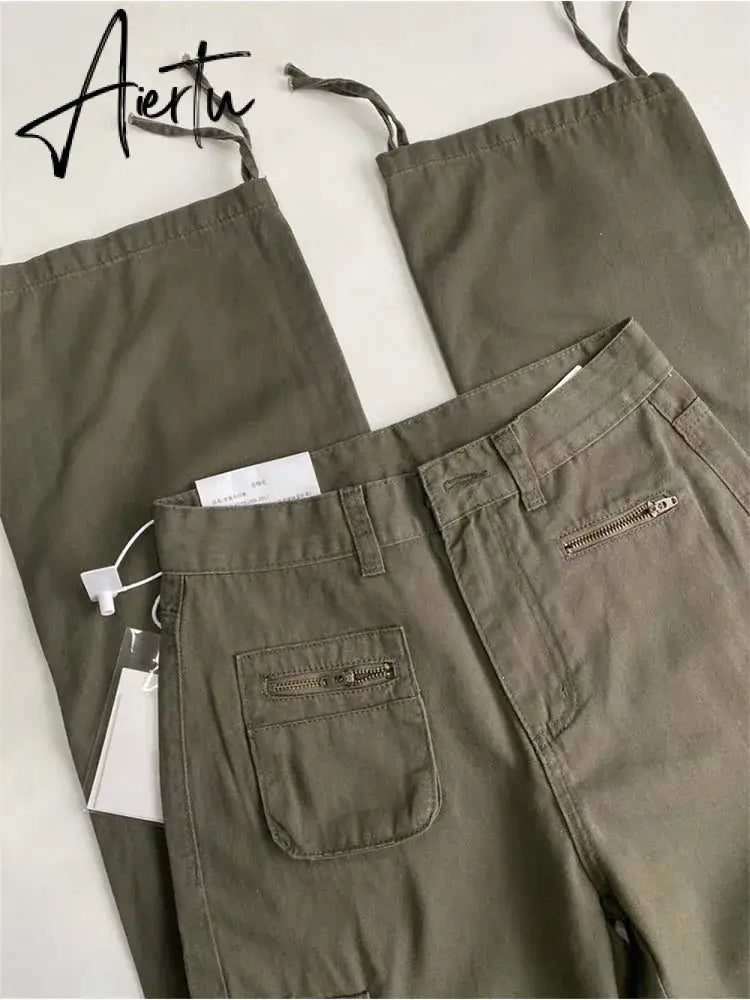 High Street Retro Pocket Cargo Pants Women Army Green Loose High Waist Sweatpants American Casual Y2K Woman Pants Autumn Aiertu