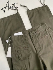 High Street Retro Pocket Cargo Pants Women Army Green Loose High Waist Sweatpants American Casual Y2K Woman Pants Autumn Aiertu