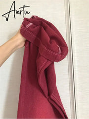 High Street Streetwear Baggy Jeans Women Denim Trousers High Waist Y2k Vintage Washed Distressed Wide Leg Mopping Red Pants Aiertu