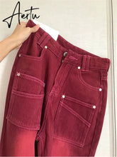High Street Streetwear Baggy Jeans Women Denim Trousers High Waist Y2k Vintage Washed Distressed Wide Leg Mopping Red Pants Aiertu