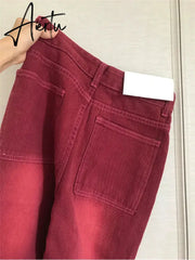 High Street Streetwear Baggy Jeans Women Denim Trousers High Waist Y2k Vintage Washed Distressed Wide Leg Mopping Red Pants Aiertu