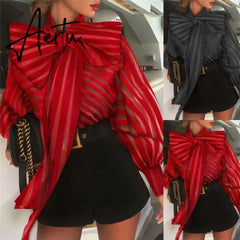 High Street Women Organza Blouse New Big Bow Striped Loose Shirts Puff Sleeve Retro Chic Blouses Clothes Elegant Female Shirt Aiertu