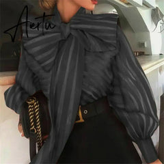 High Street Women Organza Blouse New Big Bow Striped Loose Shirts Puff Sleeve Retro Chic Blouses Clothes Elegant Female Shirt Aiertu