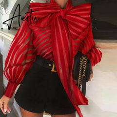 High Street Women Organza Blouse New Big Bow Striped Loose Shirts Puff Sleeve Retro Chic Blouses Clothes Elegant Female Shirt Aiertu