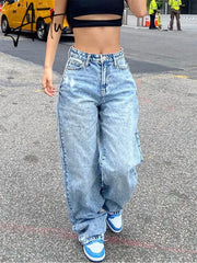 High Waist Jeans Women Baggy Jeans New Fashion Straight Leg Pants Y2k Denim Trousers Vintage Loose Blue Washed Mom Jeans Aiertu