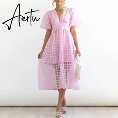 High Waist Lantern Sleeve V Neck Dress Solid Color Mesh Yarn Button Long Dress Casual Elegant Party Dresses Women Summer Vestido Aiertu
