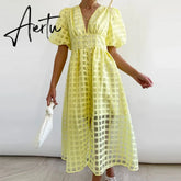 High Waist Lantern Sleeve V Neck Dress Solid Color Mesh Yarn Button Long Dress Casual Elegant Party Dresses Women Summer Vestido Aiertu
