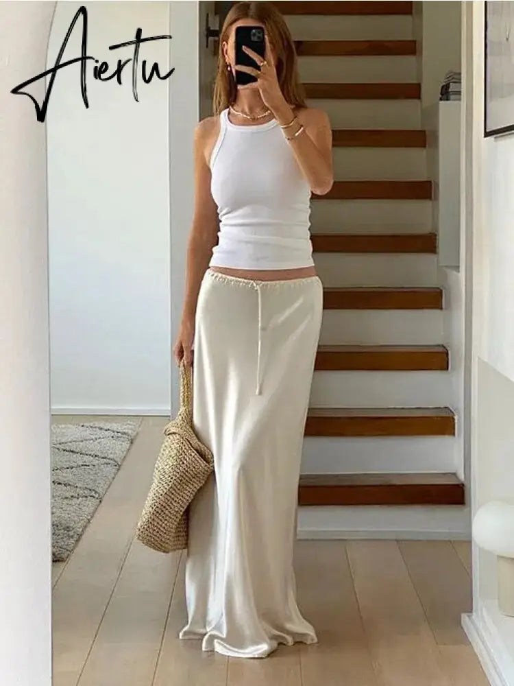 High Waist Loose Female Long Skirt Solid Casual Elegant Streetwear Fashion Lace-Up Slim Y2k Outfits For Women Maxi Skirt Aiertu