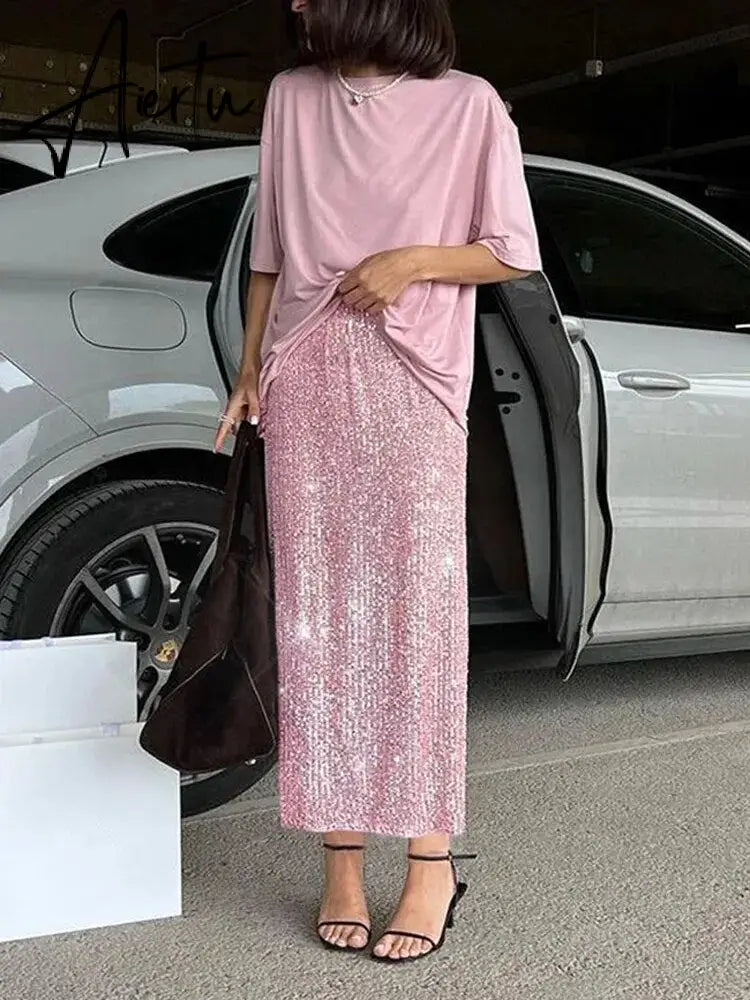 High Waist Sequin For Women Long Skirt Slim Split Fashion Elegant High Street Glitter Maxi Skirt Casual Female Long Skirt Aiertu