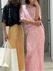 High Waist Sequin For Women Long Skirt Slim Split Fashion Elegant High Street Glitter Maxi Skirt Casual Female Long Skirt Aiertu