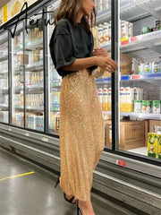 High Waist Sequin For Women Long Skirt Slim Split Fashion Elegant High Street Glitter Maxi Skirt Casual Female Long Skirt Aiertu