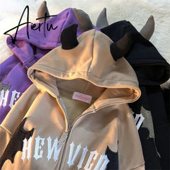 Hip Hop Dark Bat Wing Devil Horn Gothic Zip Up Hoodie Jacket Men Women Oversized Sweatshirt Kawaii Clothes Harajuku Winter Y2K Aiertu