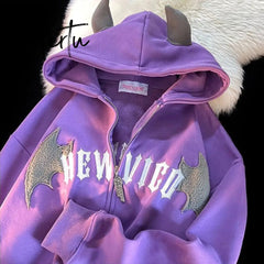 Hip Hop Dark Bat Wing Devil Horn Gothic Zip Up Hoodie Jacket Men Women Oversized Sweatshirt Kawaii Clothes Harajuku Winter Y2K Aiertu