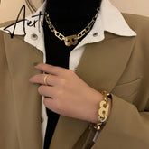 Hiphop Gold Color Metal Big Letter B Earrings Bracelets for Women Wide Thick Link Chain Bracelets Choker Necklace Jewelry Gift Aiertu