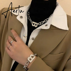 Hiphop Gold Color Metal Big Letter B Earrings Bracelets for Women Wide Thick Link Chain Bracelets Choker Necklace Jewelry Gift Aiertu