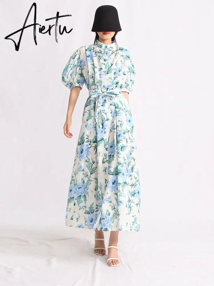 Hit Color Print Dresses For Women Lapel Puff Sleeve High Waist Tunic Summer Dress Female Fashion Clothing New Aiertu