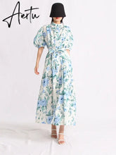 Hit Color Print Dresses For Women Lapel Puff Sleeve High Waist Tunic Summer Dress Female Fashion Clothing New Aiertu