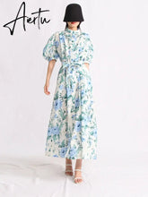 Hit Color Print Dresses For Women Lapel Puff Sleeve High Waist Tunic Summer Dress Female Fashion Clothing New Aiertu