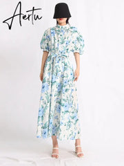 Hit Color Print Dresses For Women Lapel Puff Sleeve High Waist Tunic Summer Dress Female Fashion Clothing New Aiertu