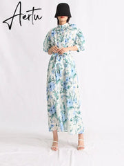 Hit Color Print Dresses For Women Lapel Puff Sleeve High Waist Tunic Summer Dress Female Fashion Clothing New Aiertu