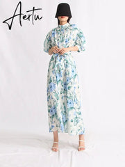 Hit Color Print Dresses For Women Lapel Puff Sleeve High Waist Tunic Summer Dress Female Fashion Clothing New Aiertu