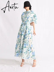 Hit Color Print Dresses For Women Lapel Puff Sleeve High Waist Tunic Summer Dress Female Fashion Clothing New Aiertu