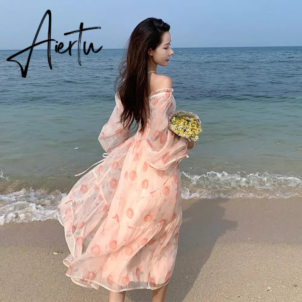 Holiday Pink Beach Dress Long Sleeve Floral Dress Women's Summer A-line Midi Princess Sweet Fairy Dress Sundress Femme Robe Aiertu