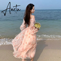 Holiday Pink Beach Dress Long Sleeve Floral Dress Women's Summer A-line Midi Princess Sweet Fairy Dress Sundress Femme Robe Aiertu
