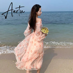 Holiday Pink Beach Dress Long Sleeve Floral Dress Women's Summer A-line Midi Princess Sweet Fairy Dress Sundress Femme Robe Aiertu