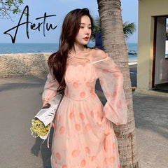 Holiday Pink Beach Dress Long Sleeve Floral Dress Women's Summer A-line Midi Princess Sweet Fairy Dress Sundress Femme Robe Aiertu
