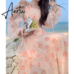 Holiday Pink Beach Dress Long Sleeve Floral Dress Women's Summer A-line Midi Princess Sweet Fairy Dress Sundress Femme Robe Aiertu
