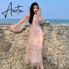 Holiday Pink Beach Dress Long Sleeve Floral Dress Women's Summer A-line Midi Princess Sweet Fairy Dress Sundress Femme Robe Aiertu