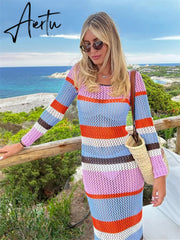 Hollow Out Knit Crochet Beach Long Dress Casual Holiday Party Wear Striped Long Sleeve Round Neck Wrap Dress Women Aiertu