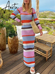 Hollow Out Knit Crochet Beach Long Dress Casual Holiday Party Wear Striped Long Sleeve Round Neck Wrap Dress Women Aiertu