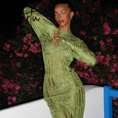 Hollow Out Knitted Open Back Maxi Dresses Party Club Rave Festival Outfits Women Elegant Long Sleeve Sheer Dresses Aiertu